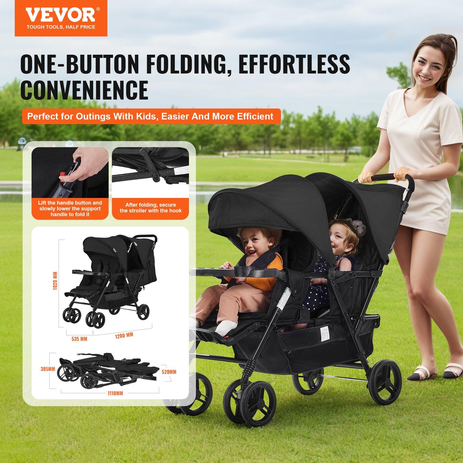 VEVOR Lightweight Foldable Tandem Double Stroller with Tandem Seating, Adjustable Backrest, Adjustable Footrest, Wrap Harness, Storage Tray, Storage Basket, Push Handle, for Newborns (Newborn Baby Stuff), Outdoor Walks (Black)
