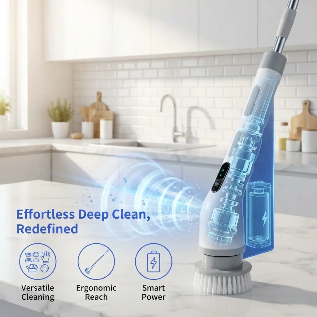 Multifunctional Electric Cleaning Brush with 9 Heads for Kitchen and Bathroom, Wireless Charging, Telescopic Handheld Floor Scrubber
