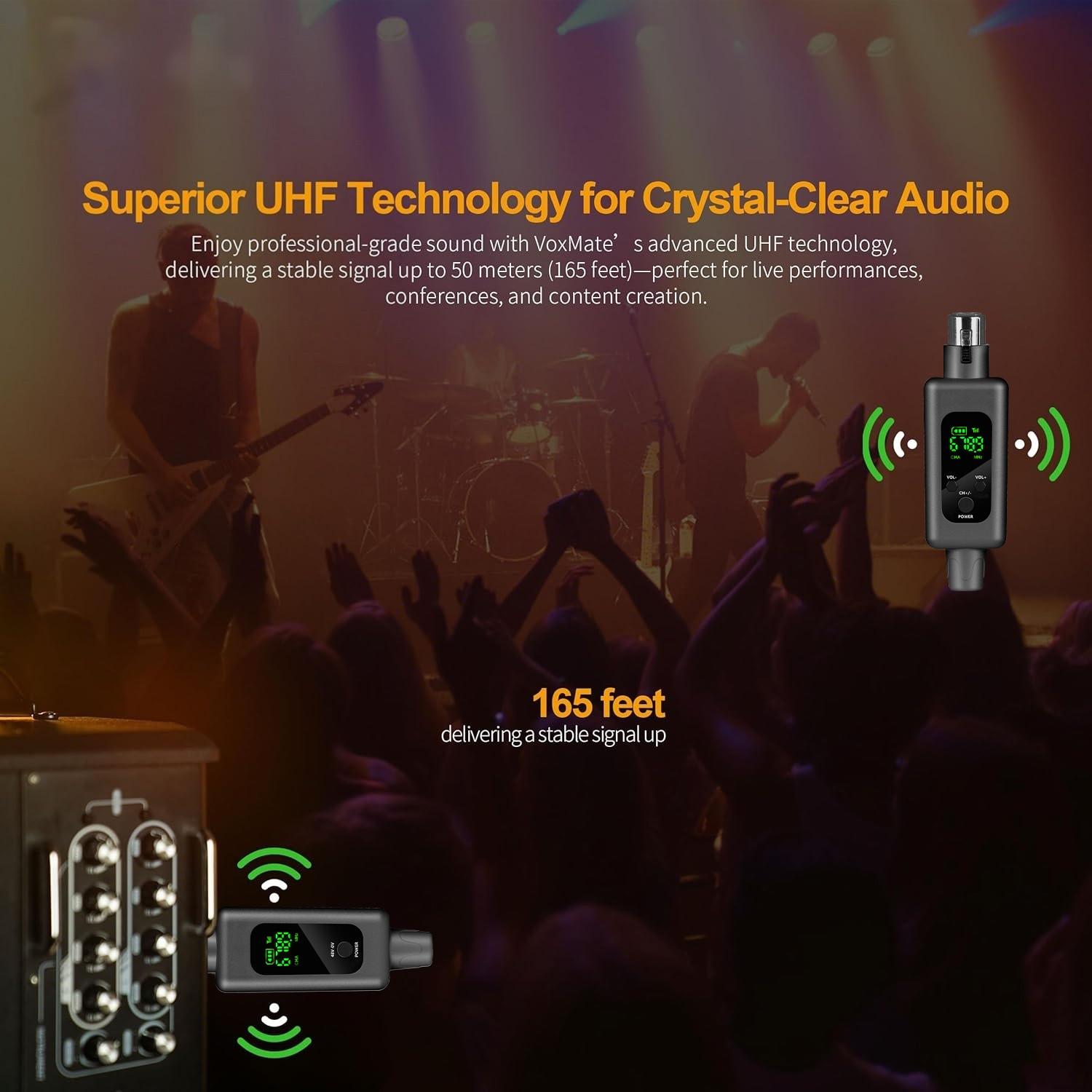 Wireless Microphone System, XLR Transmitter and Receiver, 164ft Range, 48v Phantom Power, Compatible with Dynamic/capacitor Mics, Guitar/bass, Audio Mixer, Pa System