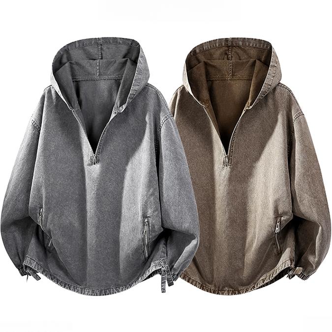 2026 New Menswear Plain Denim Hoodie - Men's Pure Cotton Pullover Jacket, American Retro Street Style, Gradient Washed, Distressed Texture, Stylish Long Sleeves, Medium Length, Hangable Fold, Casual Commuting Workwear, Machine Washable