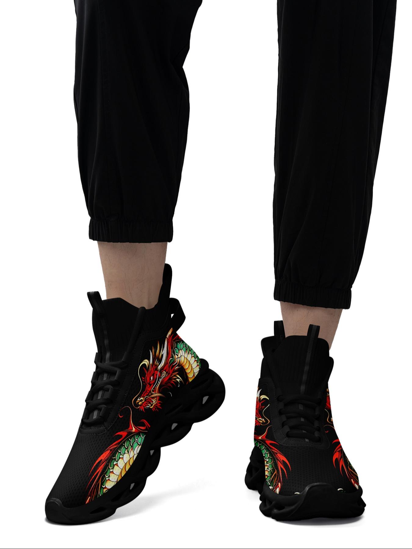 Men's Dragon Print Lace Up High Top Sneakers, Casual Sporty Breathable Comfortable Blade Soles Running Shoes, Male  Round Toe Sports Shoes for Daily Wear