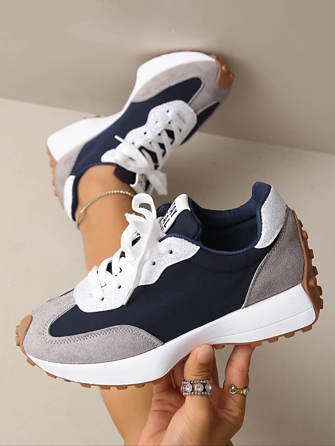 Women's Casual Retro Sport Shoes, Colorblock Design, Student Low Top Flats, Perfect Gift for Her, Round Toe PU Leather Sneakers, Trendy Fashion Sneaker1123