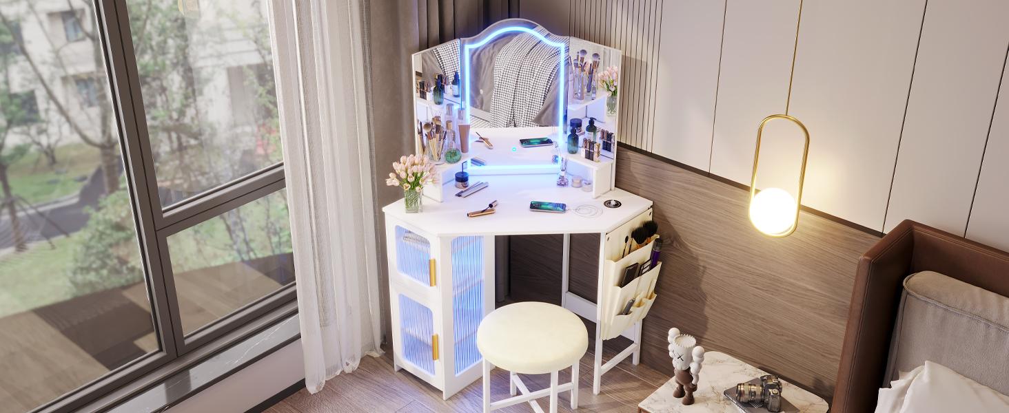 LVSOMT Vanity Desk with Mirror and Lights, Makeup Vanity with Charging Station, Dressing Table with 3 Lighting Options, Vanity Set with Drawers, Women’s Corner Vanity table, Grey LVSOMT Vanity Desk with Mirror and Lights, Makeup Vanity with Charging Station, Dressing Table with 3 Lighting Options, Vanity Set with Drawers, Women’s Corner Vanity table, Grey