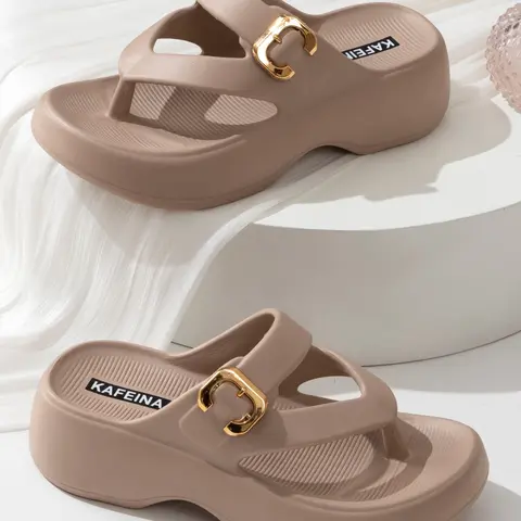 Women's Summer Thick Sole Buckle Up Sandals, Fashion Heeled Flip Flops, Hollow Out Wide Strap Buckle, Casual Beach Shoes, Outdoor Daily Wear