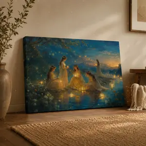 Enchanted Fairy Lake Canvas Wall Art, Dreamy Fantasy Women Painting, Horizontal Magical Nature Poster, Living Room Bedroom Home Decor, Unframed Canvas Poster or Framed Canvas Wrap