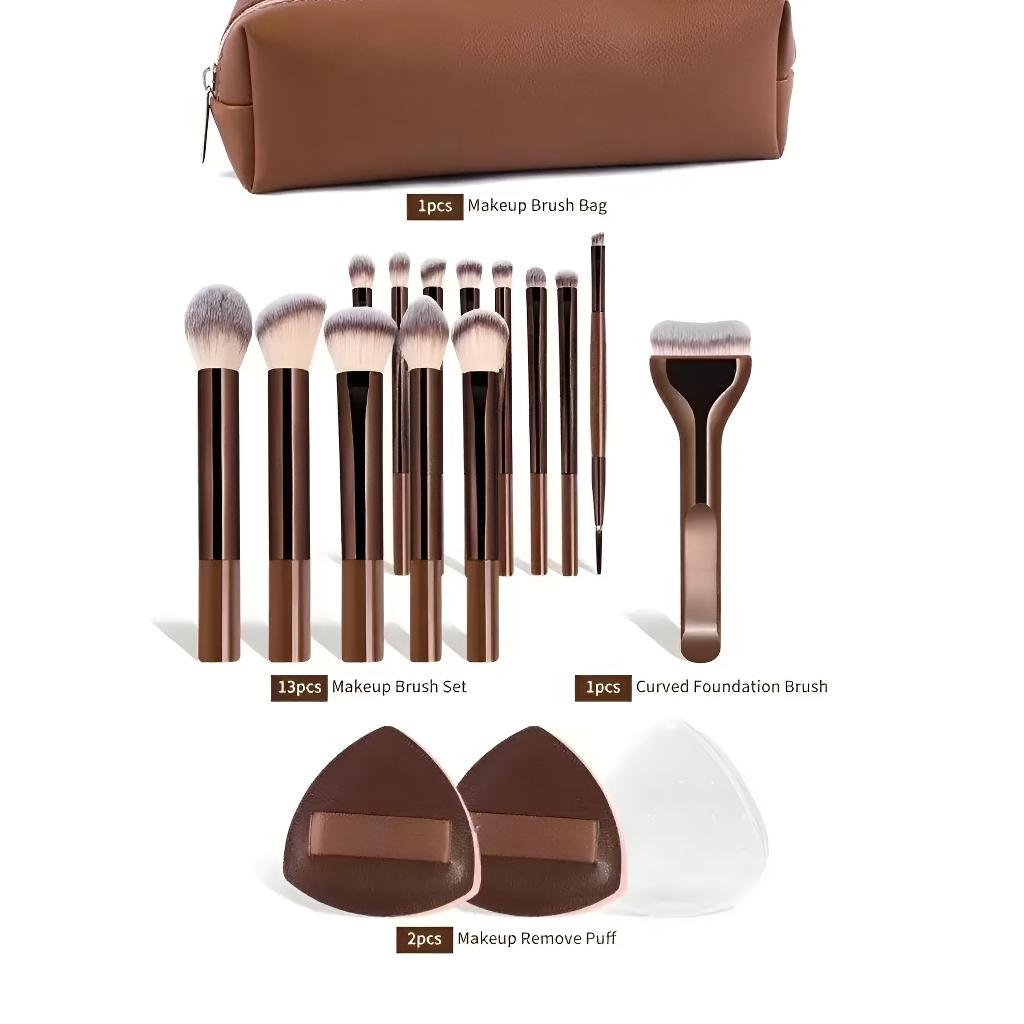New Makeup Brush Set with 2 Leather Cases and 2 Beauty Sponges, 14 Animal Hair Brushes, Essential Daily Makeup Tool, Makeup Brush Kit