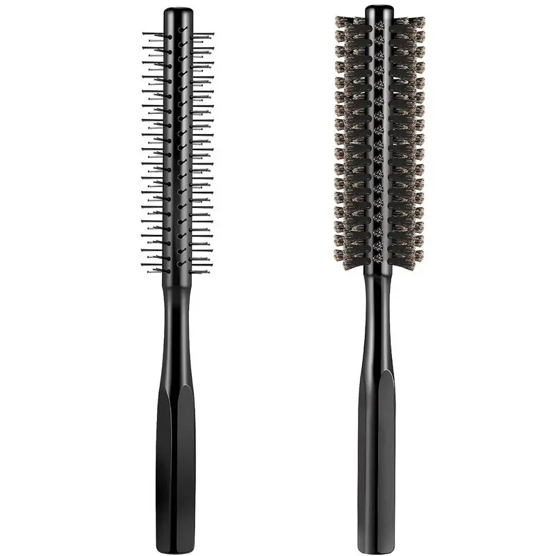 Two-piece set of thickened round combs, made of bristle material, black color |   Blow-drying styling comb, suitable for drying bangs, styling hair, trimming beards, massaging the scalp, made of a mixed material of nylon bristles, adds volume, portable: b