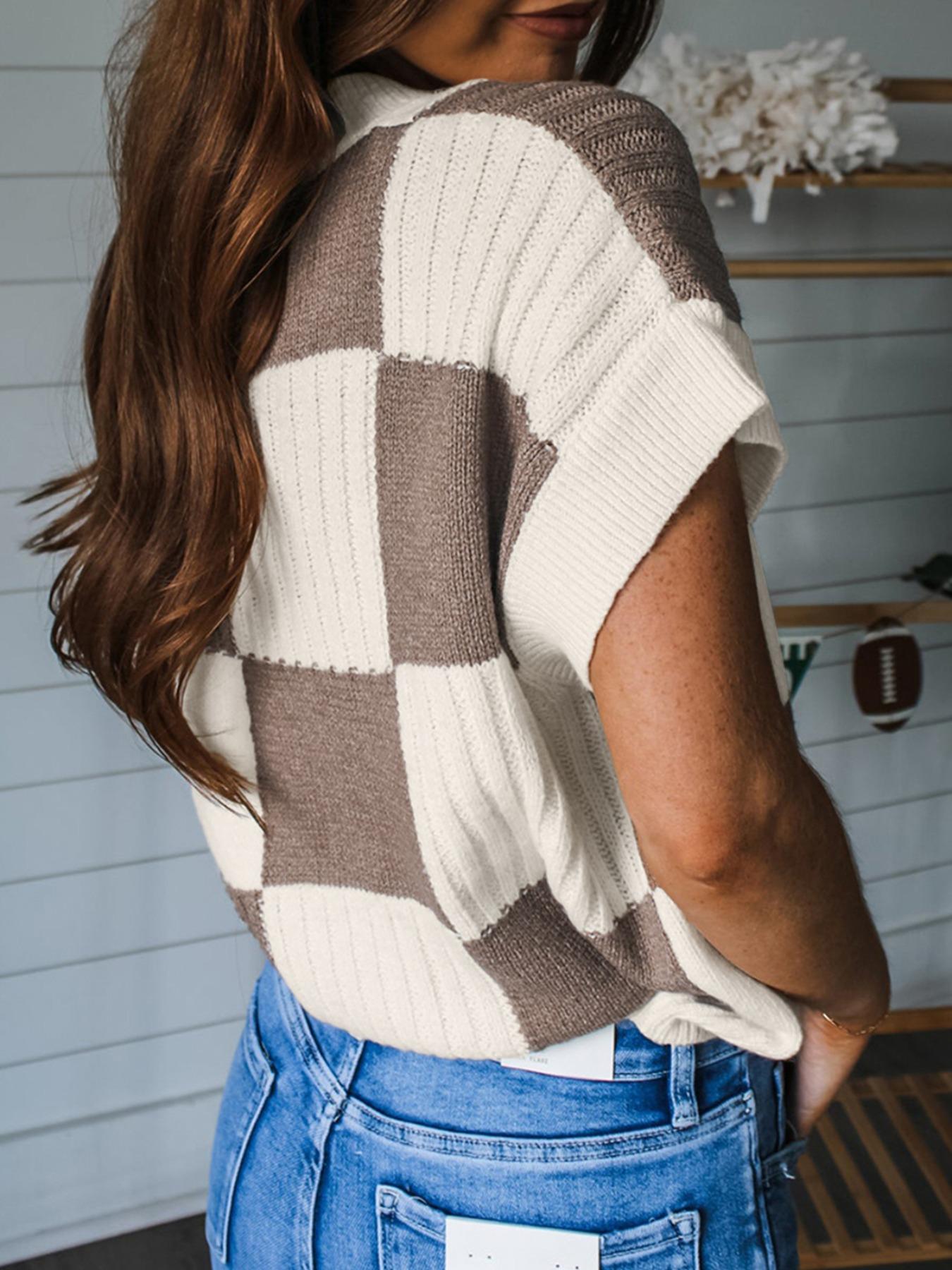 Women's Plaid Pattern Round Neck Sweater, Casual Slim-fitting Jumper for Daily Wear, Ladies Knitwear for All Seasons, Cozy Breathable Outfits