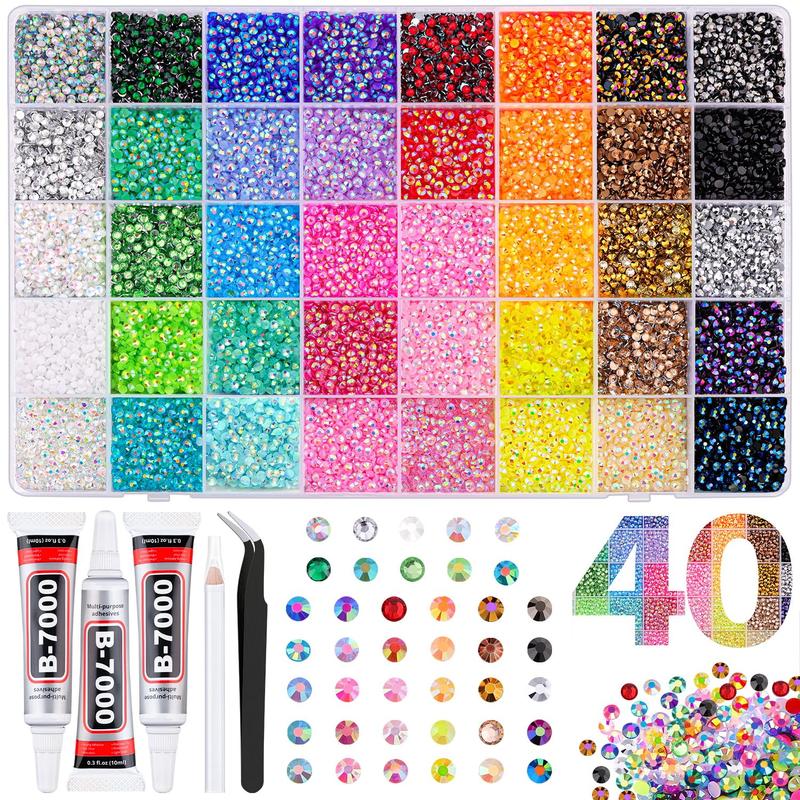 Bedazzling Kit, 40 Colors 3 mm Laser Sparkling Resin Rhinestones with three 10 ml B-7000 Glue Tubes, Tweezers and Drill Pen for Nail Art, Phone and Clothing DIY