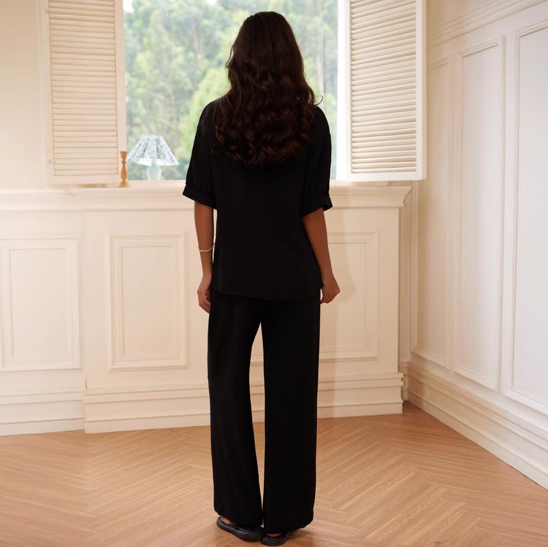 [US shipping]Joyfunear Women's Collared Shirt & Wide - Leg Pants Loungewear Set