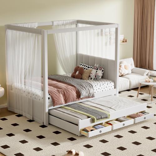 [Bellemave]  Twin/Full Size Upholstery Canopy Platform Bed with Trundle and Three Storage Drawers