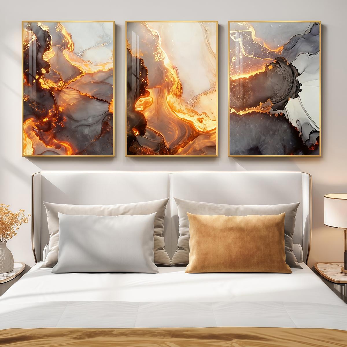 3 Counts Aluminum Alloy Framed Painting, Abstract Golden Lava Flow Pictures, Home Decoration For Living Room, Bedroom, Office, Restaurant, Hallway Wall Decor, Odorless Print Artwork, Luxury Perfect Gift For Friends And Family