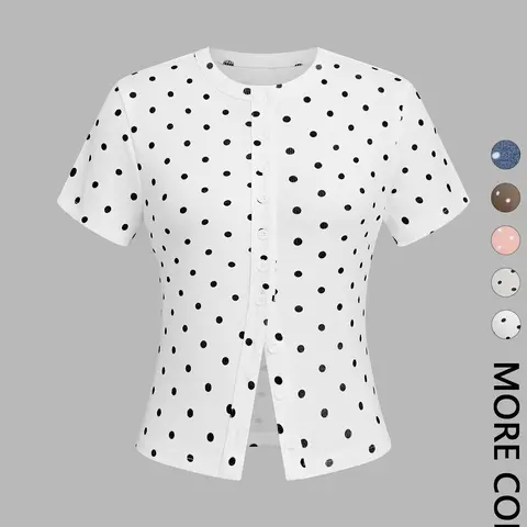 1 Piece Round Neck Short Sleeve Fitted Polka Dot Button Top, Versatile Essential for All Occasions