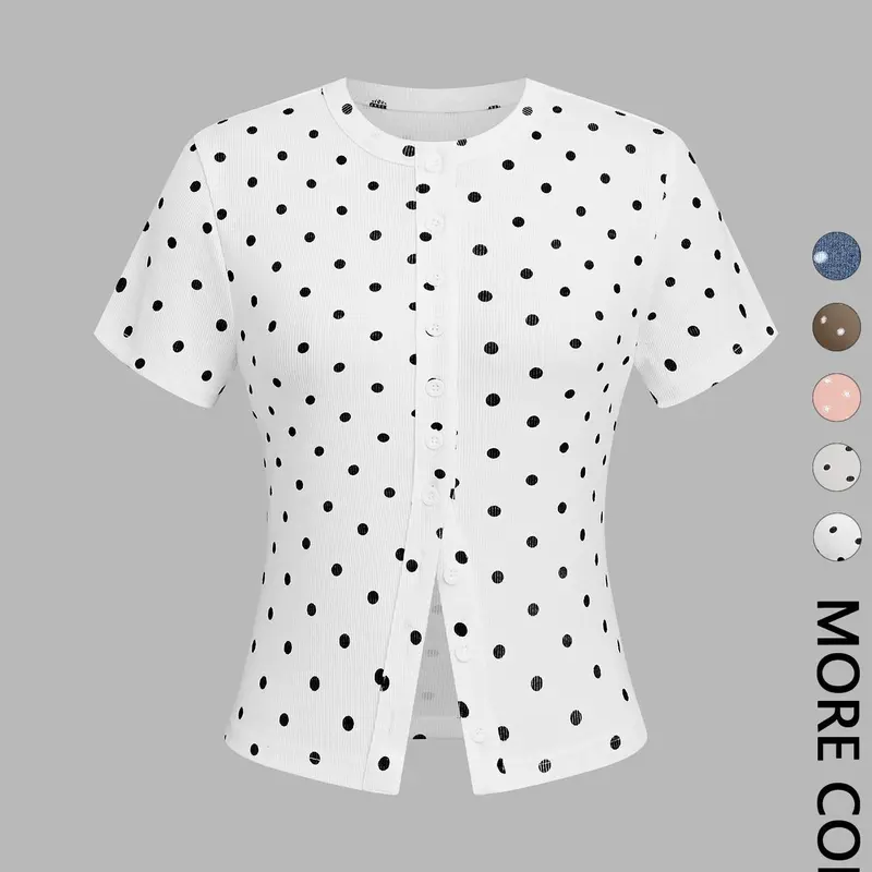 1 Piece Round Neck Short Sleeve Fitted Polka Dot Button Top, Versatile Essential for All Occasions