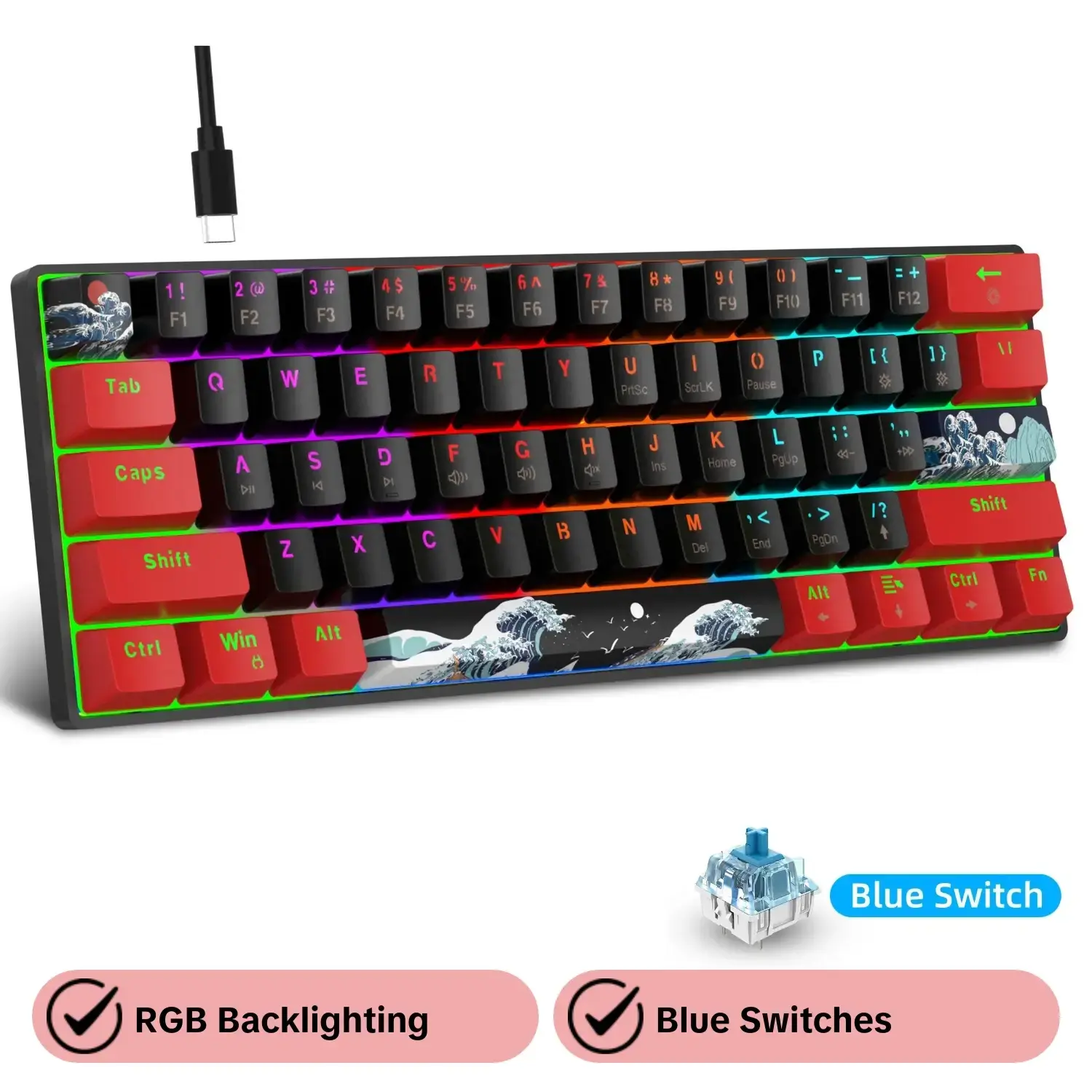 60% Mechanical Gaming Keyboard With, 61 Keys Compact Compact Gaming Keyboard With Blue Switch, Wired Rgb Keyboard, RGB Backlit USB Mini Keyboard Desktop Computer Gaming Accessories