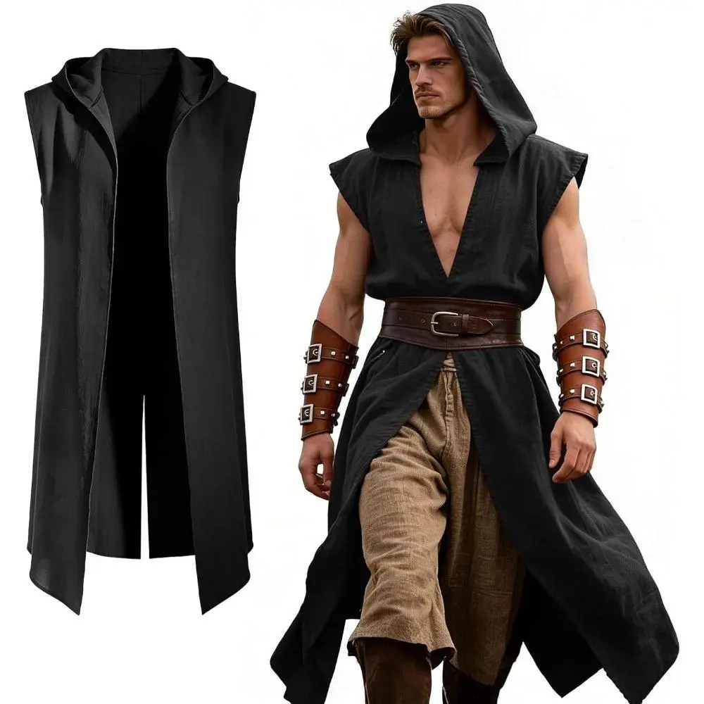 Medieval Costume Men Viking Hooded Sleeveless Surcoat, Mens Renaissance Costume Cloak for Halloween Assassin Cosplay