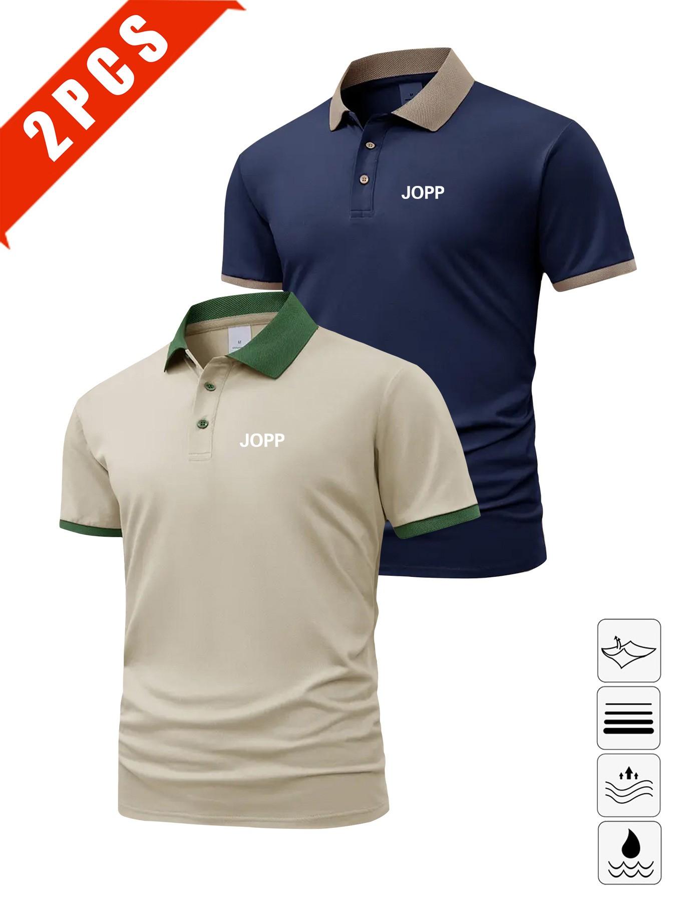 Men's Summer Polo Shirts, 2-Pack Letter Print Short Sleeve, Breathable Casual Golf Wear, Slim Fit, Multi-Color, Perfect Gift for Husband