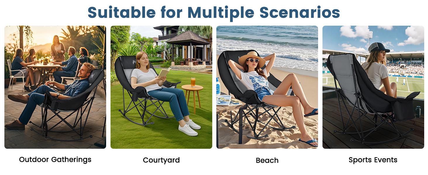 ABORON Rocking Camping Chair,XXL Oversized Folding Fully Padded Outdoor Lawn Chair with Side Pocket,Portable Recliner for Patio, Backyard, Supports 400 lbs