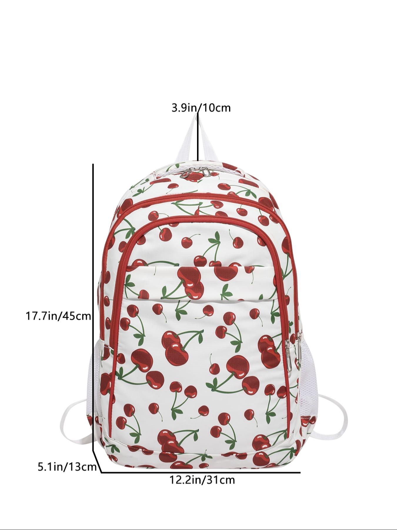 Fashion Cherry Print Backpack, Large Capacity Multi-Pocket Bag, Adjustable Straps, Zipper Closure, Ideal for Office, School, Travel