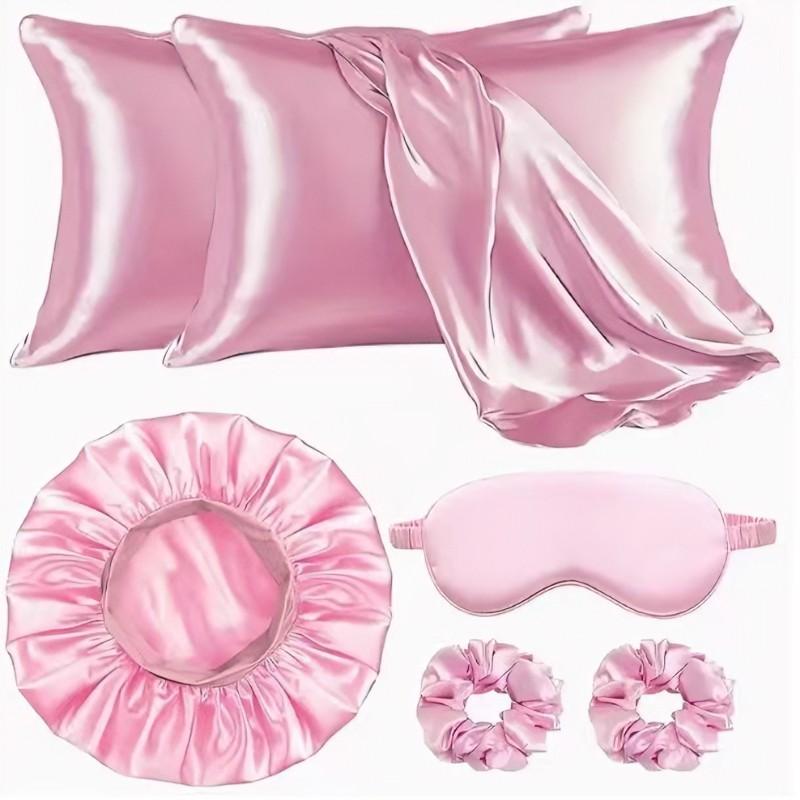Silk Hair Care Set, 6-Piece Kit (pillowcase + Sleep Cap + Eye Mask + Headband), Anti-Tangle, No Heat Styling, Wide Brim Sleep Cap, Women's Bath Hat