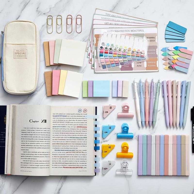 73pack Bible Journaling Kit for Christian with Pencil Case Highlighters Marker Gel Sticky Note Index Labels Pens Tabs Clips Aesthetic Annotation Kit for Bible Study, Bible Study Supplies School Stationery Kit for Christian Women Teenagers Student
