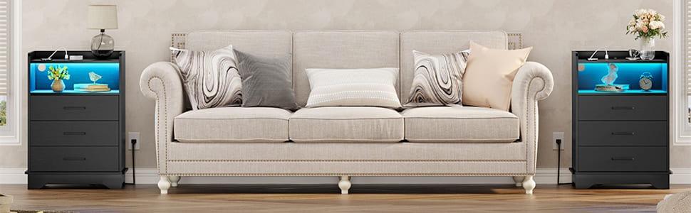 Sikaic LED Nightstand With Charging Station 3 Drawers And Open Storage Black Unique Bedroom Furniture Apothecary Cabinet