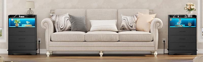 Sikaic LED Nightstand With Charging Station 3 Drawers And Open Storage Black Unique Bedroom Furniture Apothecary Cabinet