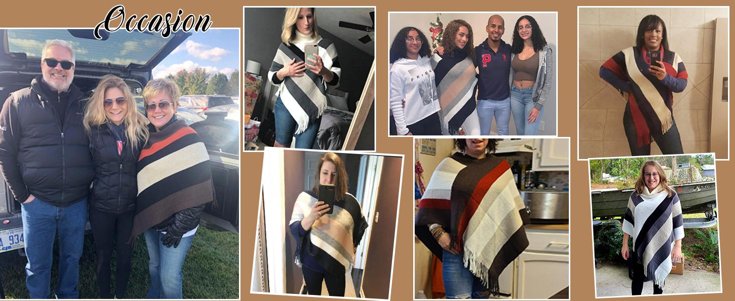 IN'VOLAND Women's Knitted Shawl Poncho with Fringed Capelet V-Neck Striped Sweater Pullover Cape Strapless