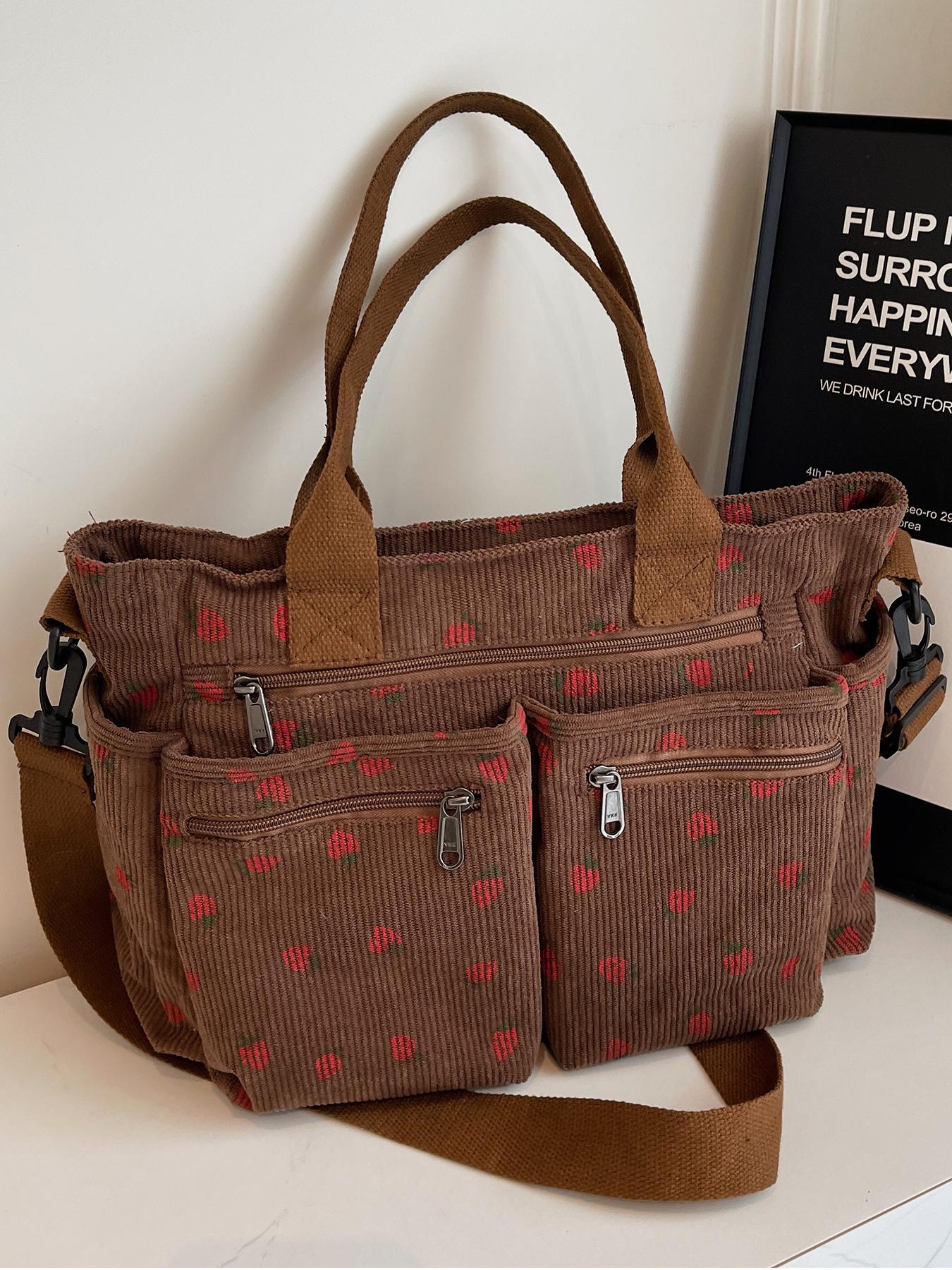 New Strawberry Print Large Capacity Multi-Pocket Tote Bag, Fashion Simple Shoulder Bag, Ideal for Students, Shopping, Commuting, Women's Backpack