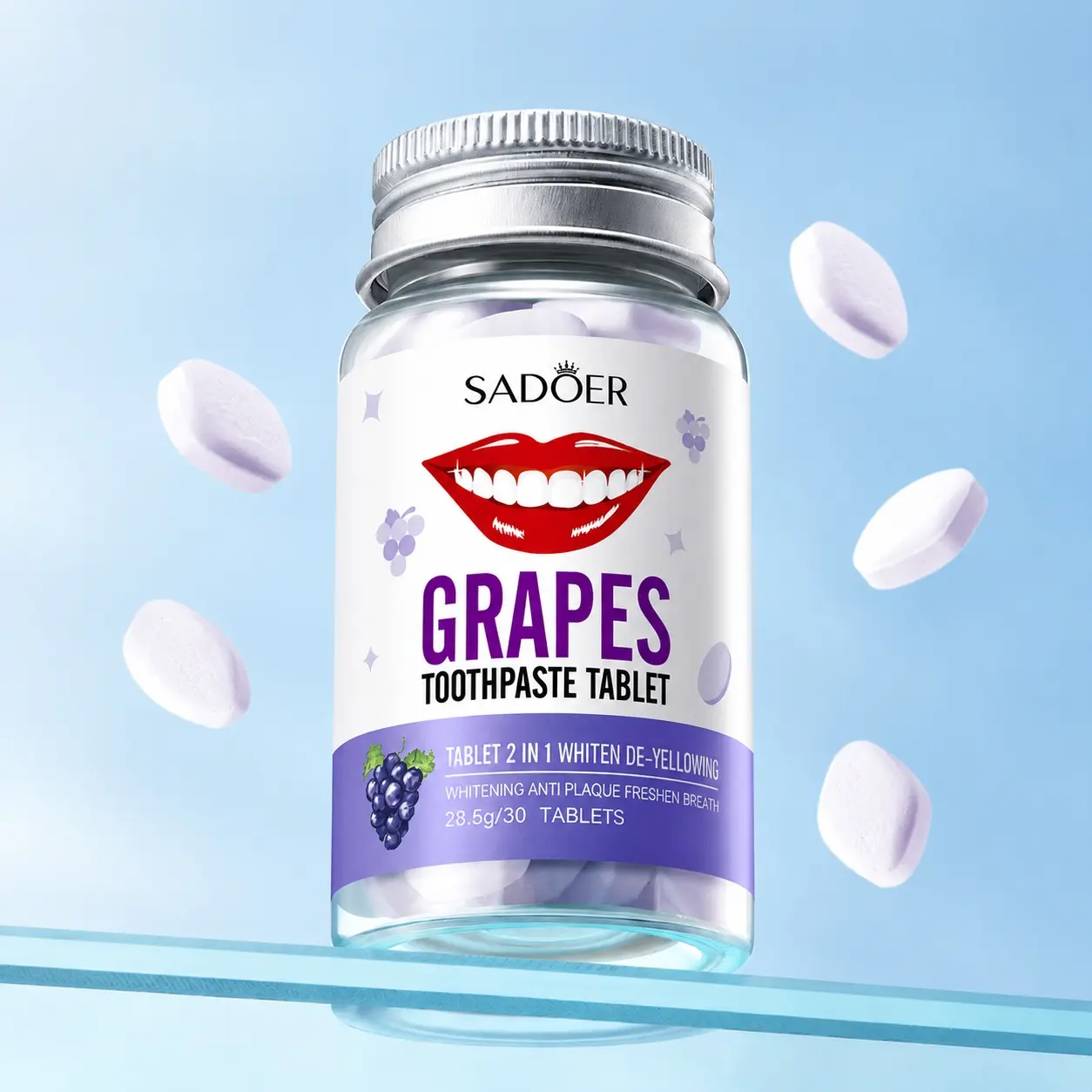 SADOER Purple Whitening Solid Oral Care Toothpaste (Mint & Grape) – Removes Tartar, Freshens Breath | Purple Tone-Correcting Formula – 30 Tablets/Jar