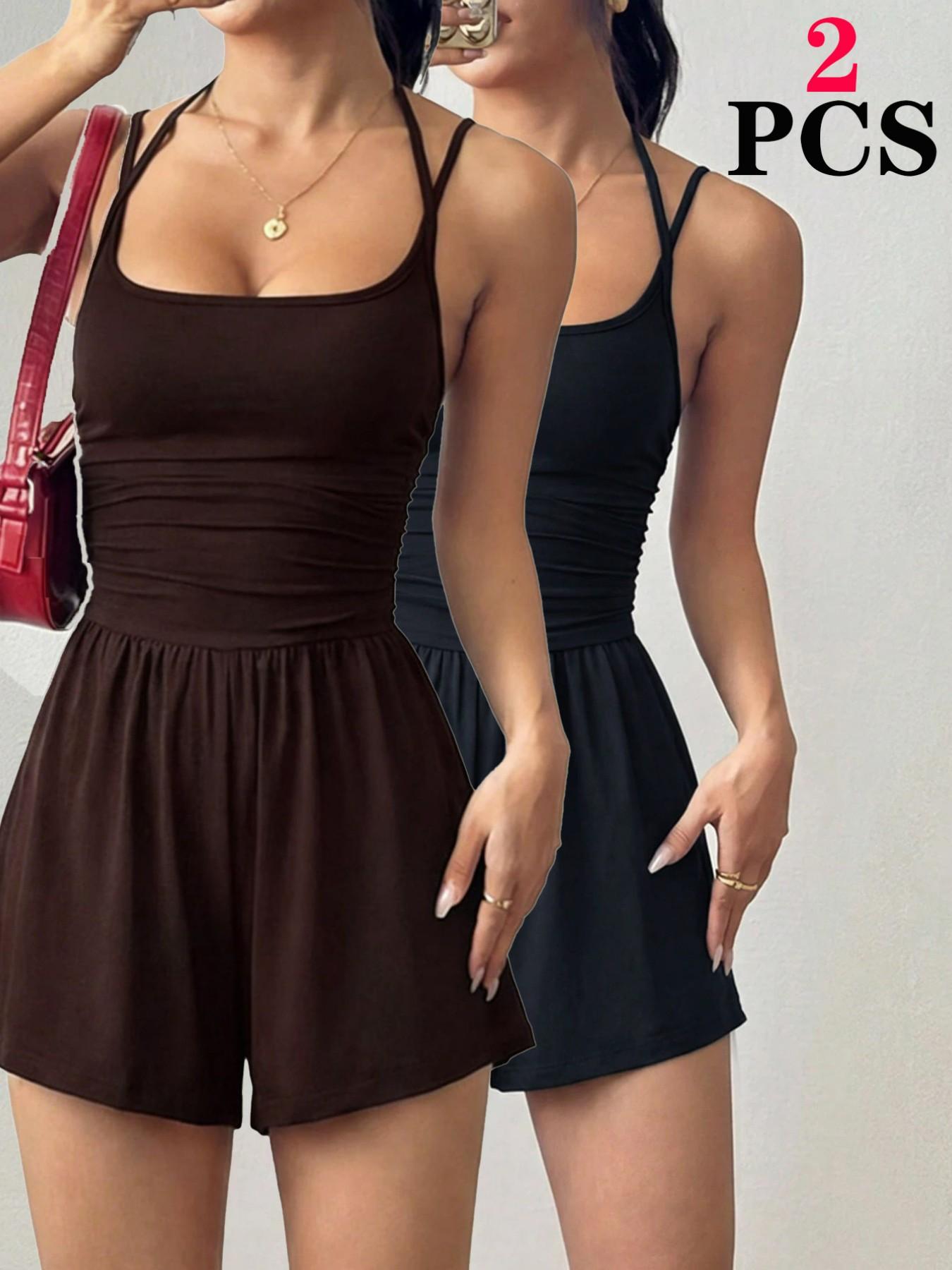 Women's 2026 Versatile Casual Fitted Backless Jumpsuit, Spaghetti Strap Smocked Bodice Flattering Slim Fit Elegant One-Piece Romper for Club Evening Date Vacation Daily Wear