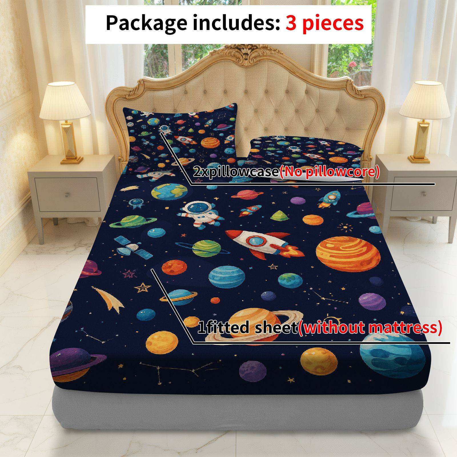 3Pcs Space Planet Astronaut Fitted Sheet Three Piece Set (1*Fitted Sheet+2*Pillowcases, Coreless), Science theme, Galaxy Bedding Set, Mattress Protector Soft, Breathable
