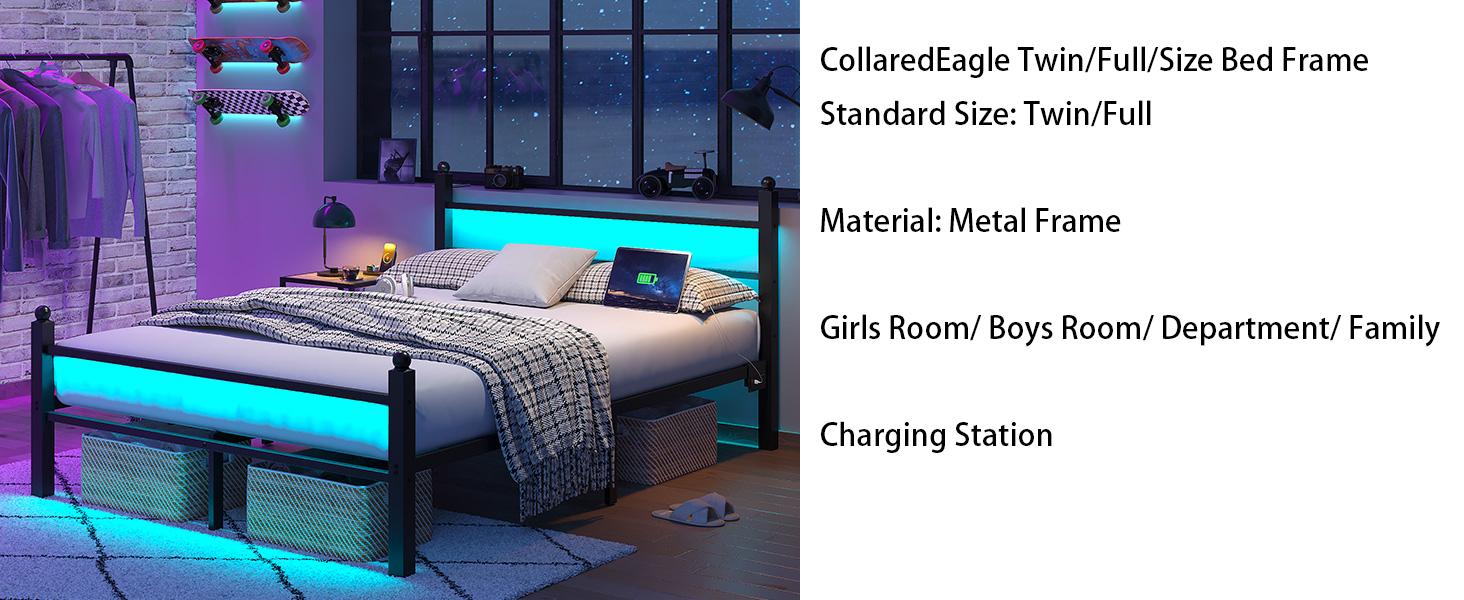 Modern Metal Bed Frame w/ Headboard + Footboard | Charging Station & LED Lights