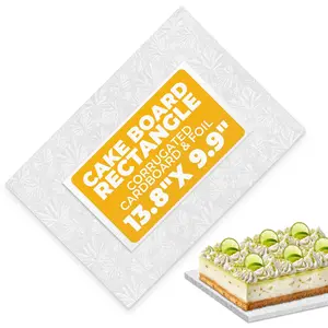 Cake Board Rectangle 13.8" x 9.9"x1/2" – Quarter Sheet Cake Drum with Double-Wall Corrugated Design, Grease-Proof Foil, Smooth Wrapped Edges– Elegant White Display for Cakes, Pastries & Desserts