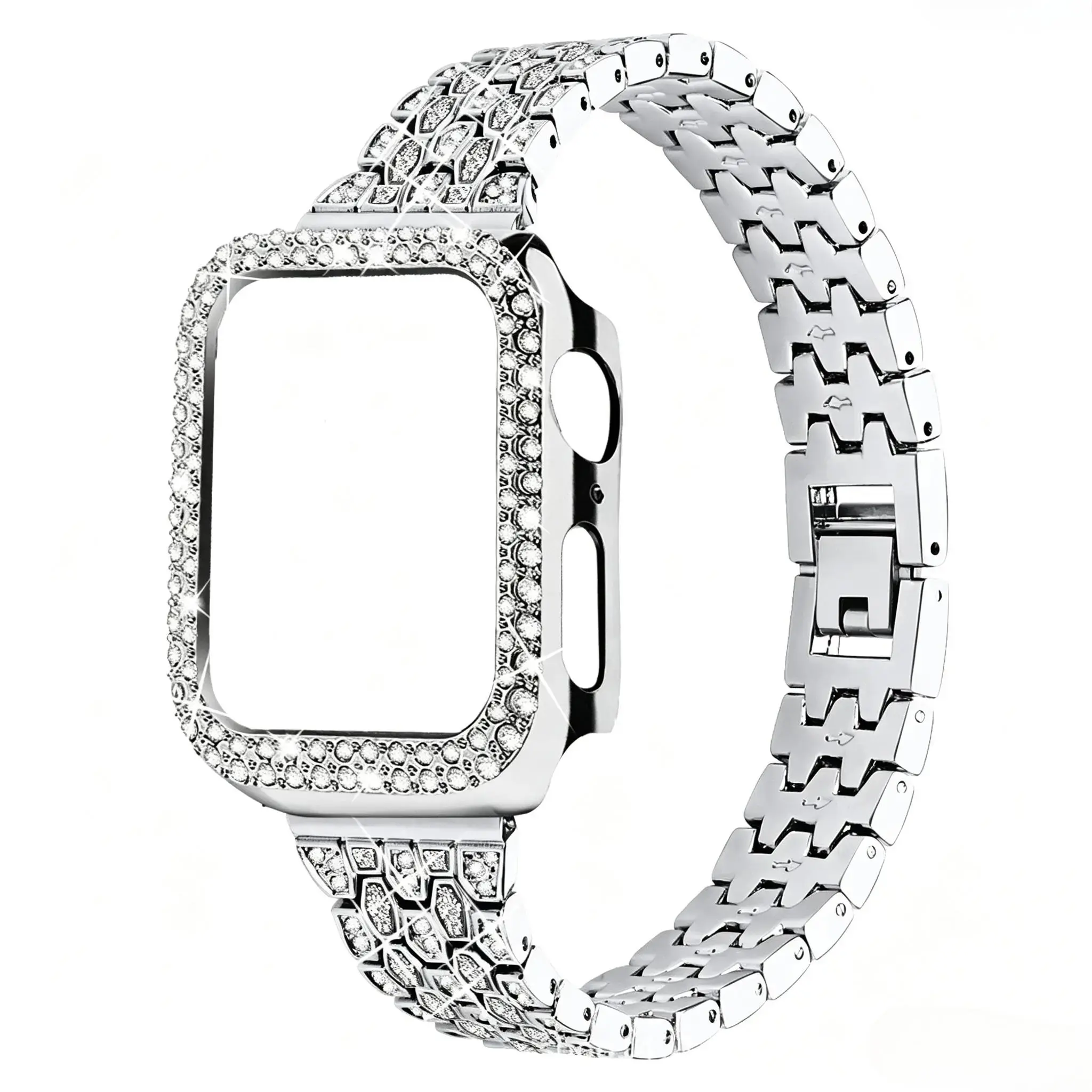 2 in 1 Bling Rhinestone Metal Watch Band & Diamond Protective Case Set, Five Link Triple Row Strap Compatible with Apple Watch Series & Ultra, 38/40/41/42/44/45/46/49mm, Luxury Sparkly Women Wrist Accessory, Band Only