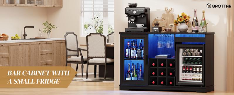 BROTTAR Coffee Bar Cabinet with Fridge, Liquor Cabinet with LED Lights & Glass Holder, Mini Fridge Cabinet with Wine Storage, Human Body Sensor, Sideboard Buffet Table for Kitchen Dining Room, Black