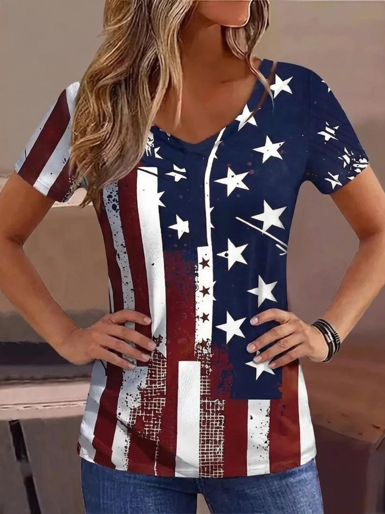 Classic Vintage American Flag Patchwork 3D Print Women's High Street Fashion Loose Mesh Breathable V Neck Short Sleeve T-Shirt