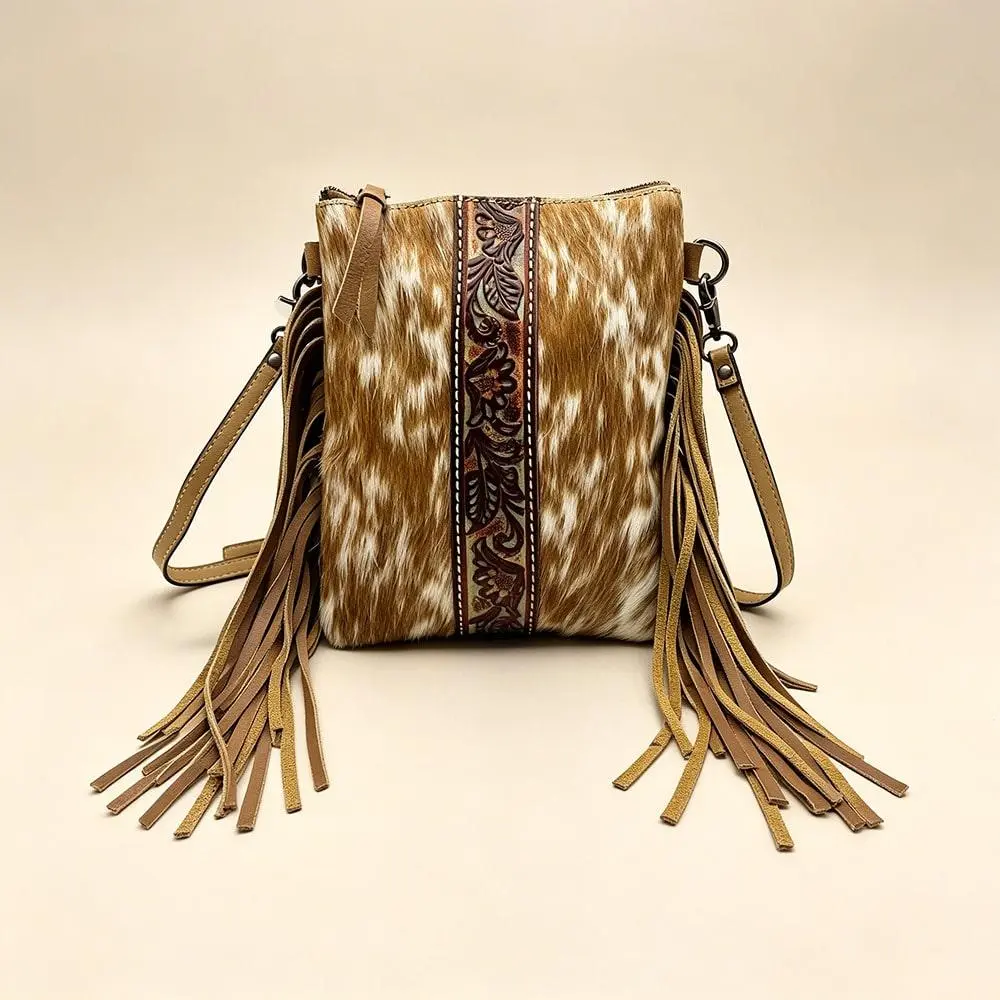 Western Floral Embossed Tassels Men's Crossbody Messenger Bag Vintage Hair On Hide Purse Phone Bag Shoulder Bags