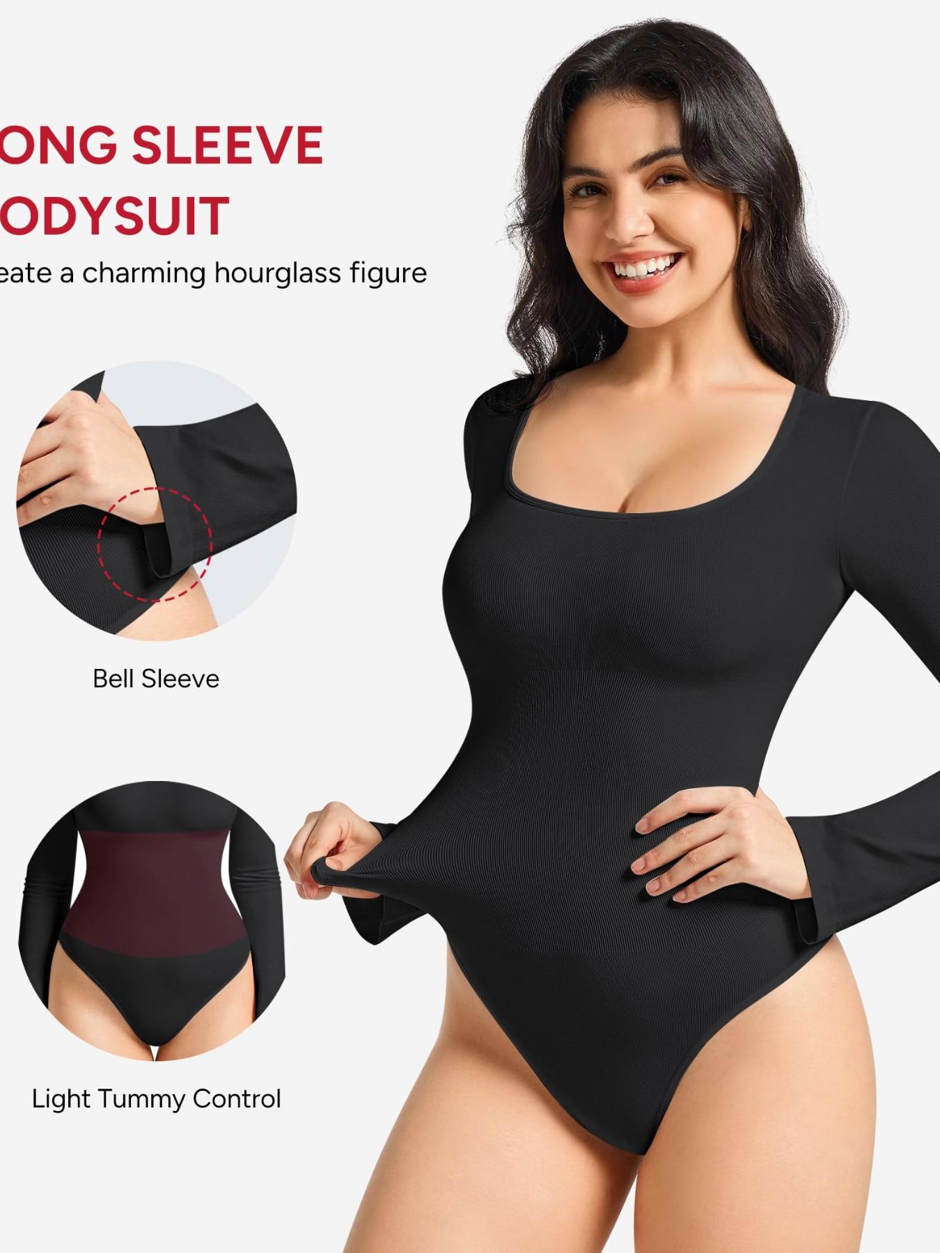 Women's Long Sleeve Bodysuit, Shapewear Flat Belly Shaper, Waist Cinching Shaping, Square Neck Bell Sleeve, Comfortable Fit, Perfect for Daily Wear