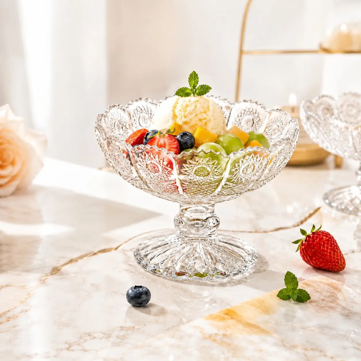 1PC 11.3cm / 4.45in Clear Transparent Glass Dessert Dish, Vintage Embossed Pedestal Bowl with Footed Base, Decorative Serving Bowl for Candy, Fruit, Snacks, Ice Cream & Desserts, Elegant Glass Tableware for Party, Wedding, Dining & Home