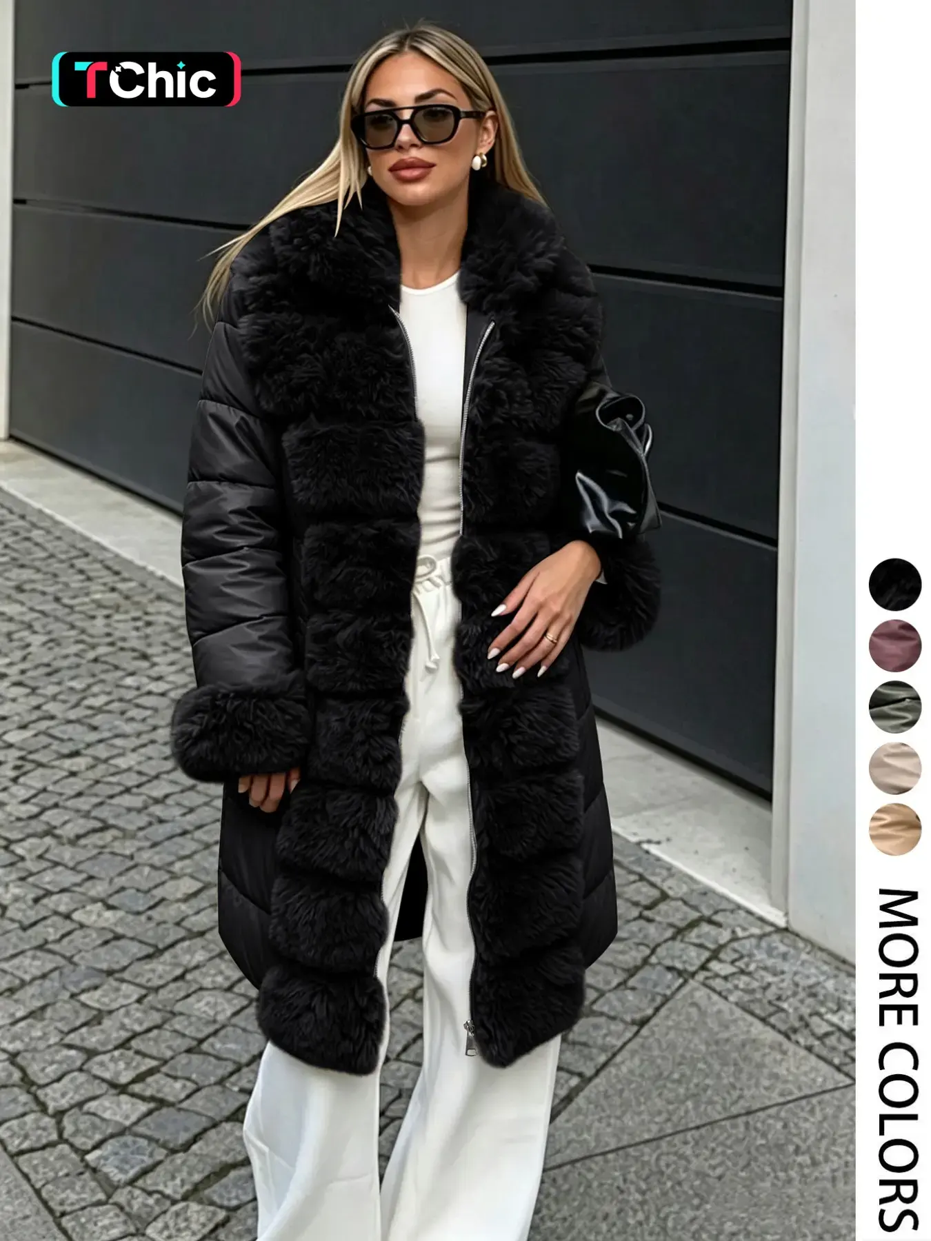 Women's Elegant Chic puffer Coat with Fleece Trim, Faux Fur & Belt, Mid-Length Fall Winter Hooded Fitted Woven Jacket, Warm Daily Wear Outerwear Tops, Womenswear