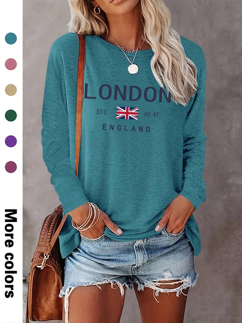 Women's Casual Letter Print Long Sleeve Round Neck Basic Thin Top, Available in 10 Colors, Perfect for Fall & Winter Fashion