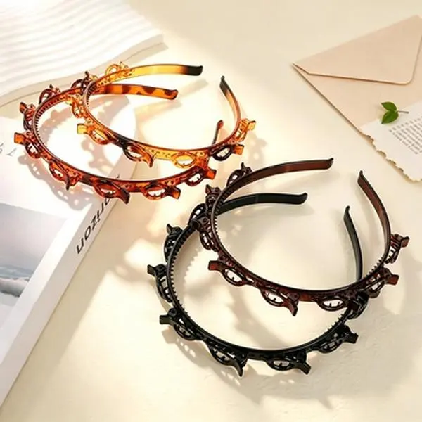 4-Pack Double Layer Twist Plait Headbands with Clips, Non-Slip Braided Hair Hoops, Flexible Tooth Styling Headband Set for Women & Girls, Hair Accessories for Skincare, Makeup, Daily Wear, Back to School