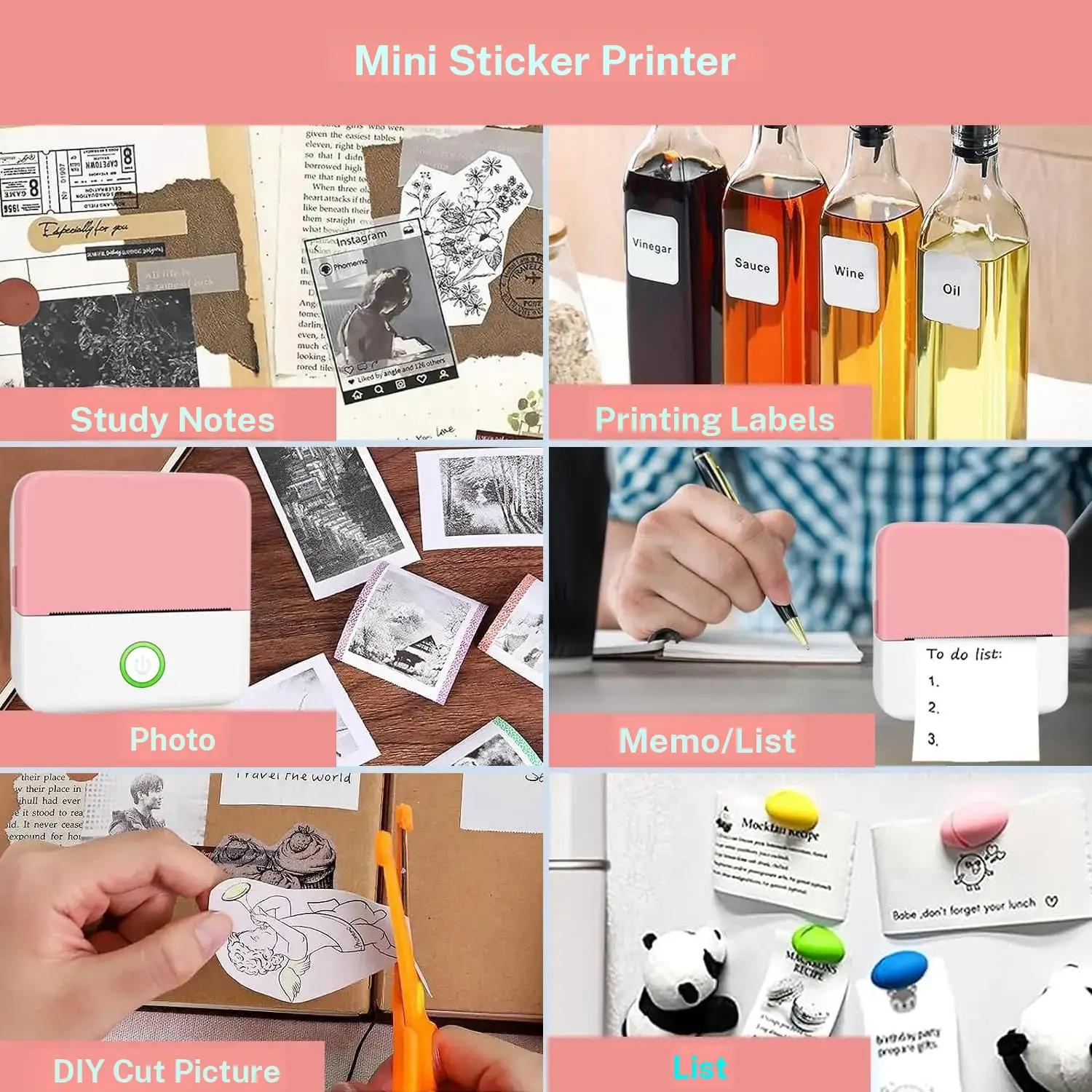 Mini Sticker Printer, Portable Inkless Sticker Maker, Pocket Photo Printer, Thermal Printer Label Maker with 10 rolls Paper, Portable Handheld Printer, for Pictures, Photos, Journals, DIY, Compatible With IOS&Android