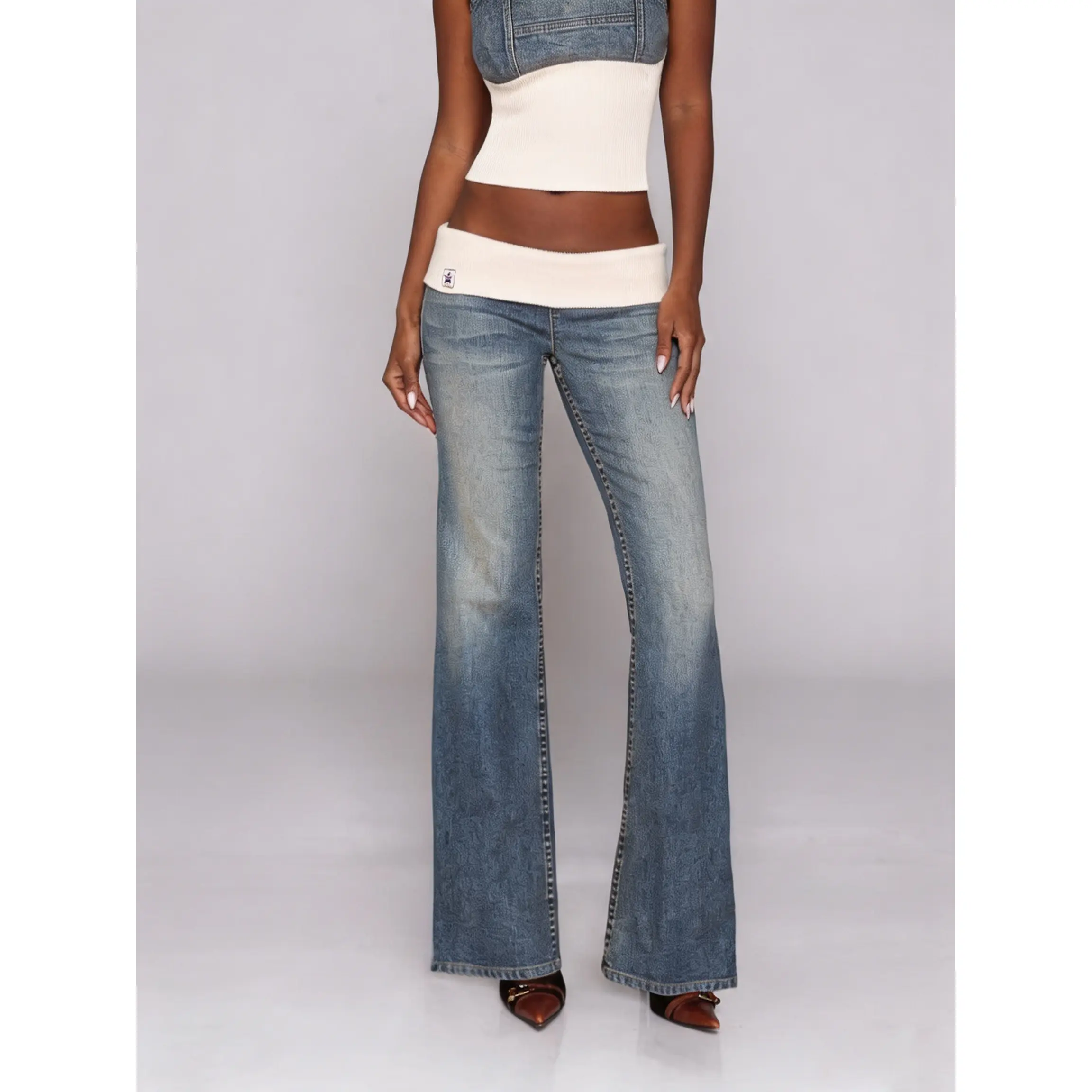 Patchwork Low-Rise Flared Jeans for Women| Y2K Foldover Elastic Waist Bell-Bottom Pants| Vintage Streetwear Denim Trousers