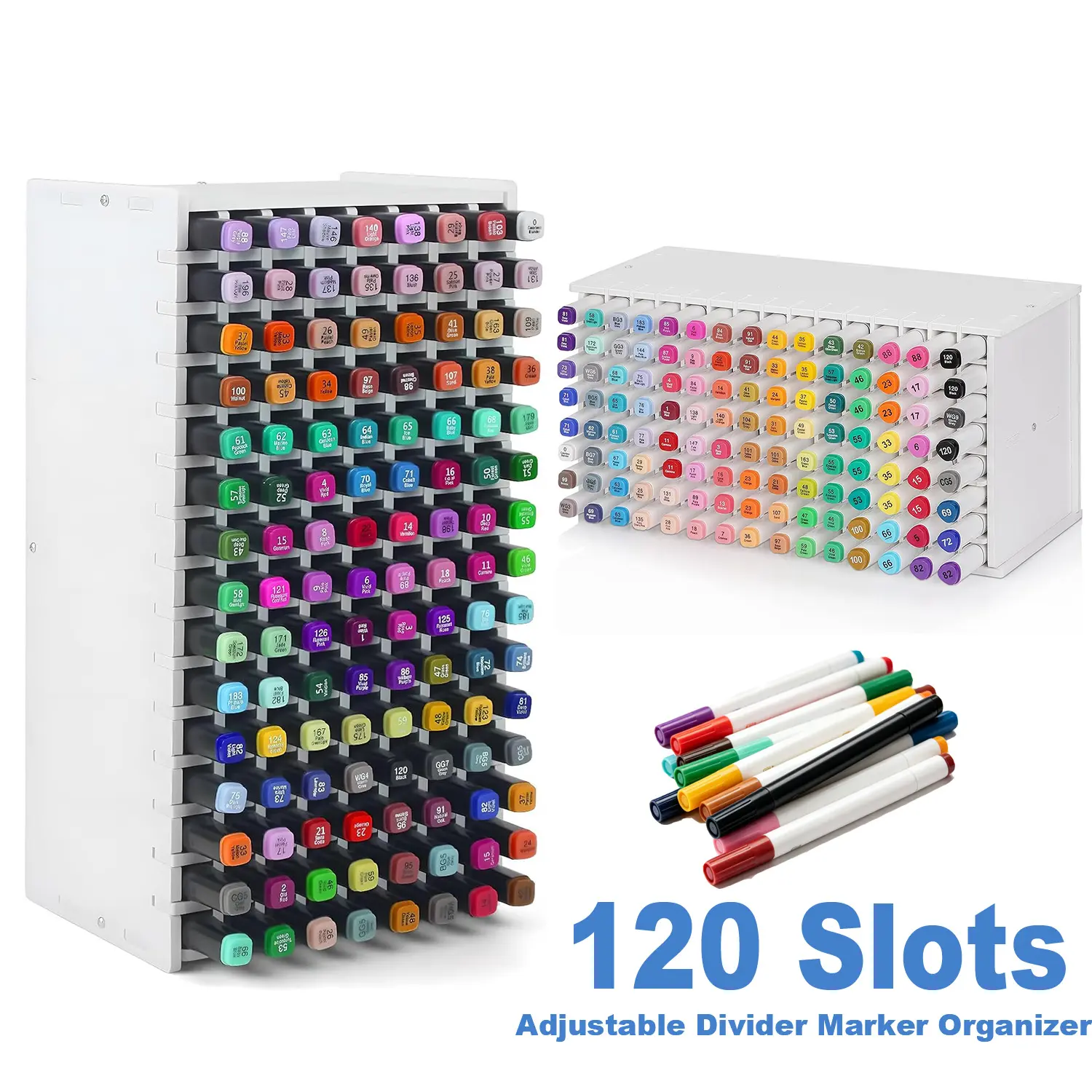 120 Slots Marker Organizer, Adjustable Divider Art Marker Storage Holder, Desktop Paint Pen Caddy, Plastic Craft Supply Storage Case for Markers Pens Pencils