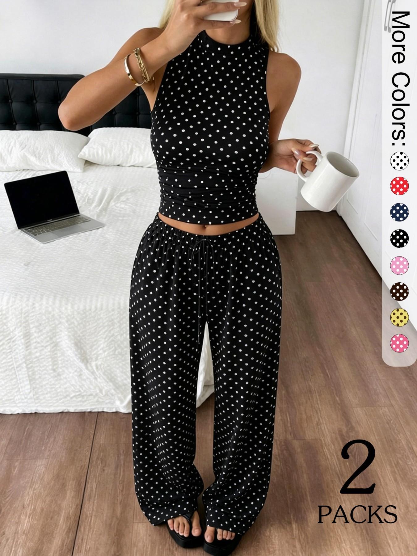 Women's Matching Polka Dot Print 2-Piece Outfit, Sleeveless Mock Neck Crop Top and Drawstring Wide-Leg Pants Set, Bohemian Casual Summer Streetwear Set, Casual Everyday Set, Summer Matching Sets