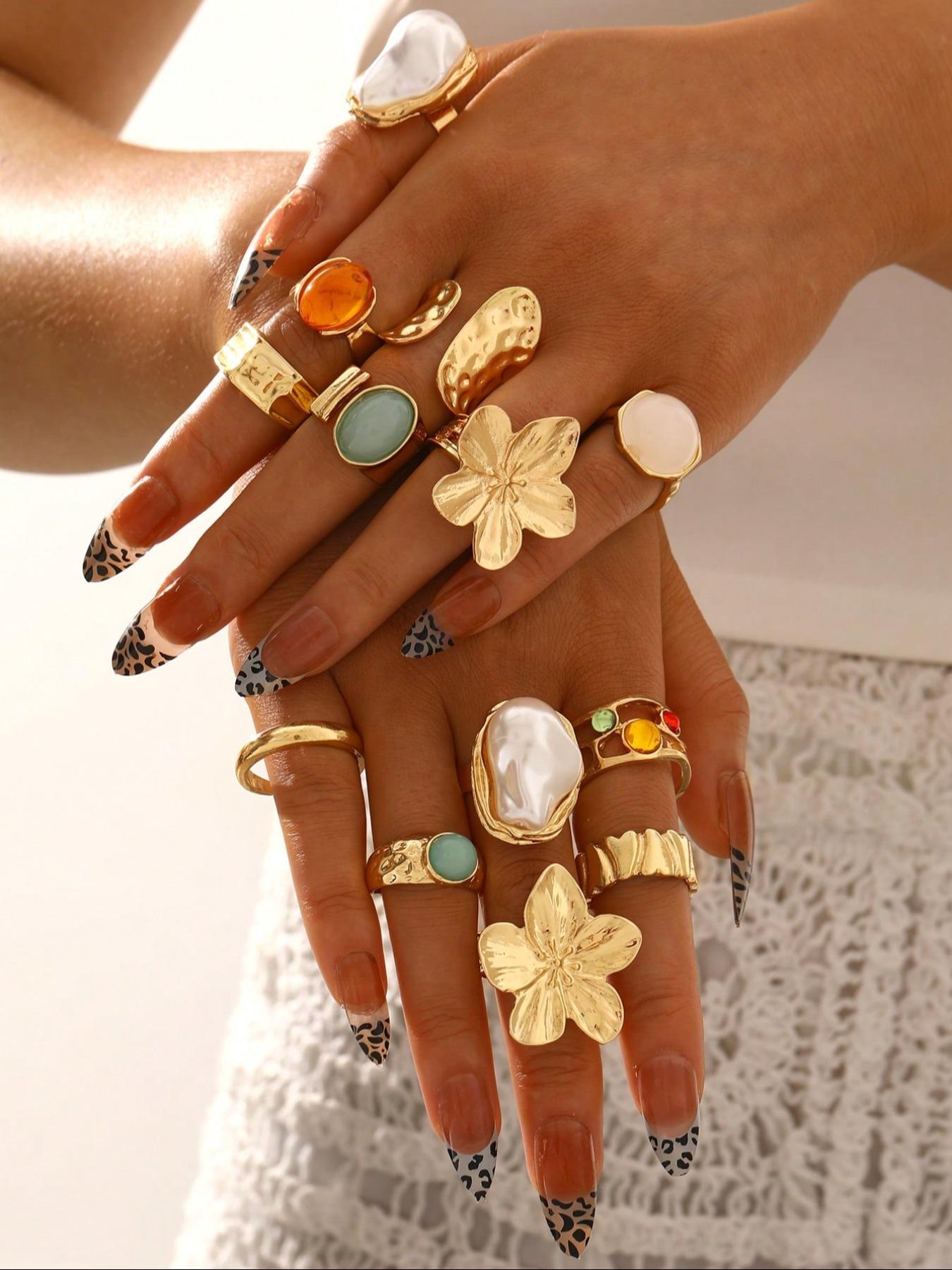 Women's Boho Ring Set, Jewelry Ring, Boho Style Rings, Vintage Elegant Design, Floral Bow Heart Rhinestone Moon Star Geometric Cat Eye Stone, Party Daily Wear Gift