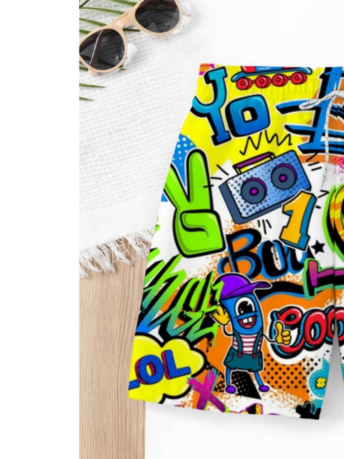 Summer Boys' Cartoon Graffiti Print Drawstring Beach Pants, Kids Loose Fit Trendy Brand Swim Shorts, Casual Short Hems