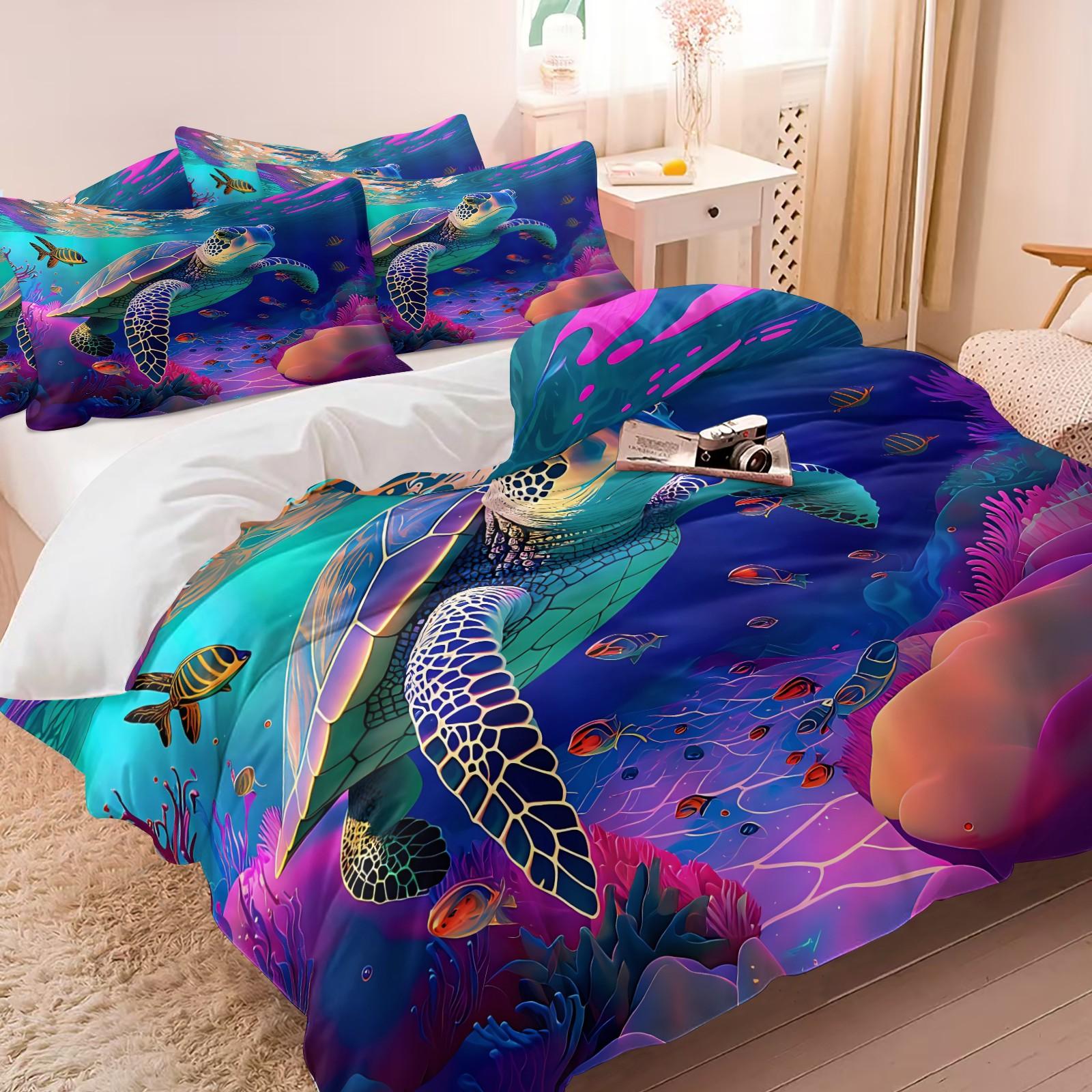 Neon Rainbow Sea Turtle Coral Underwater Ocean Duvet Cover Set, 1 Duvet Cover + 1/2 Pillowcases, Soft Skin-Friendly All Season Bedding, Perfect Sentimental Gift For Sea Turtle Lovers, Kids & Colorful Aquatic Bedroom Decor, Soft Bedding Sets